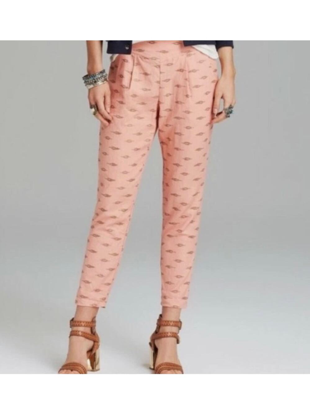 Free People Womens M Peach Shimmer Aztec Linen Blend Pull On Pants Boho